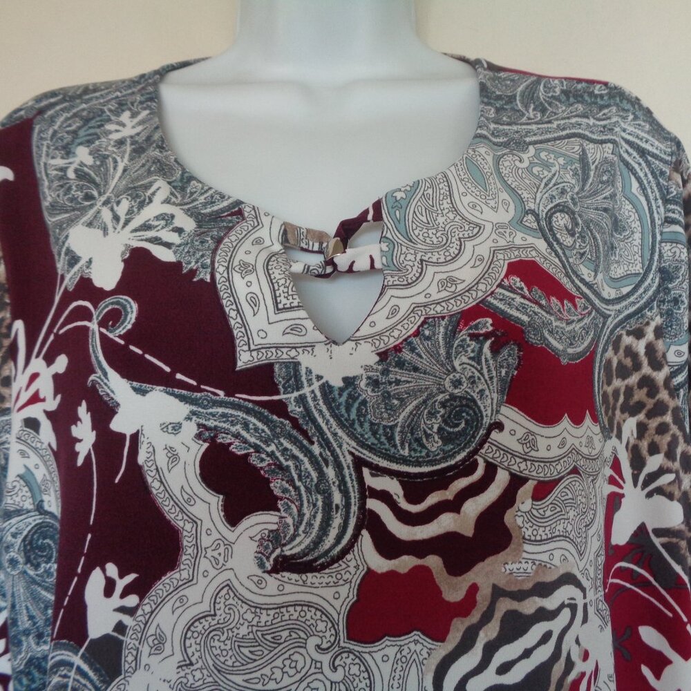 Chico's Mixed Paisley & Animal Print Tunic in Burgundy, Cream, Gray, Brown - Picture 2 of 9